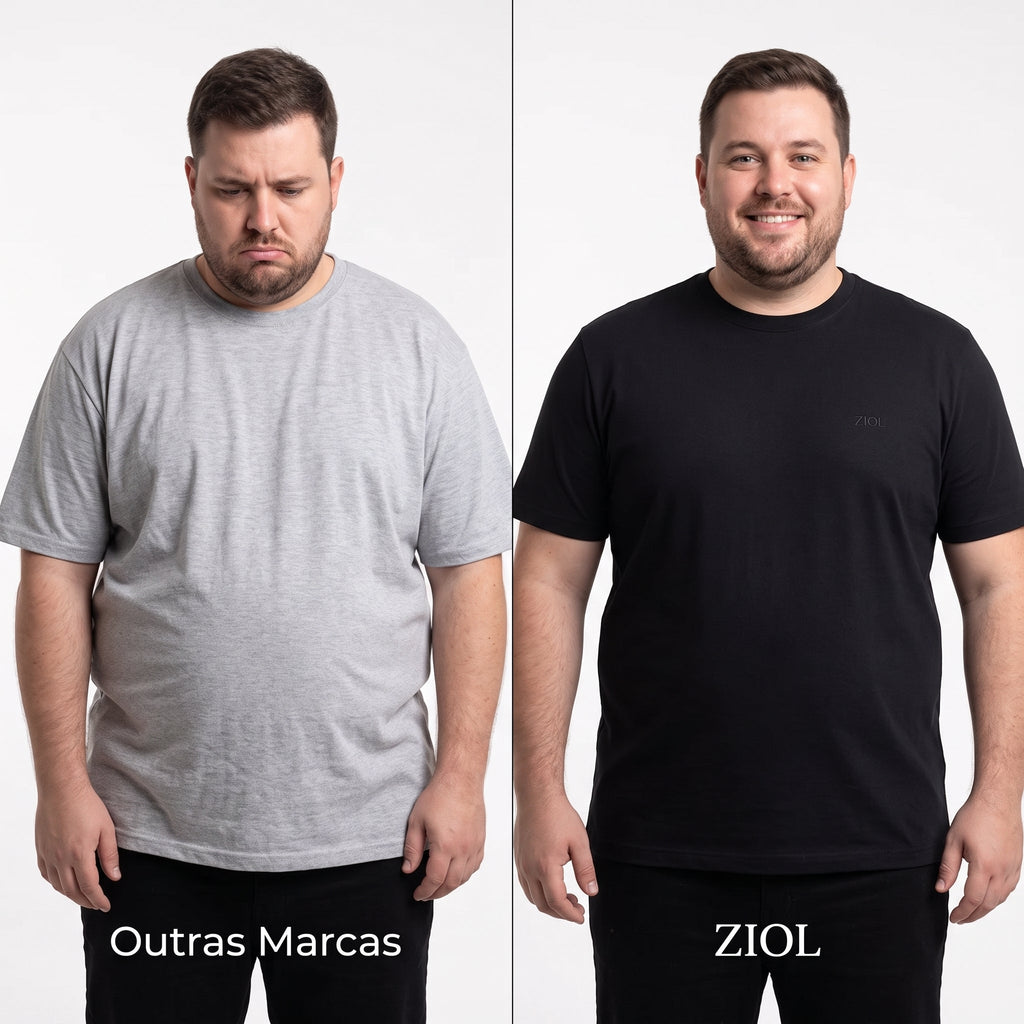 Homem comparando o caimento de camisetas básicas