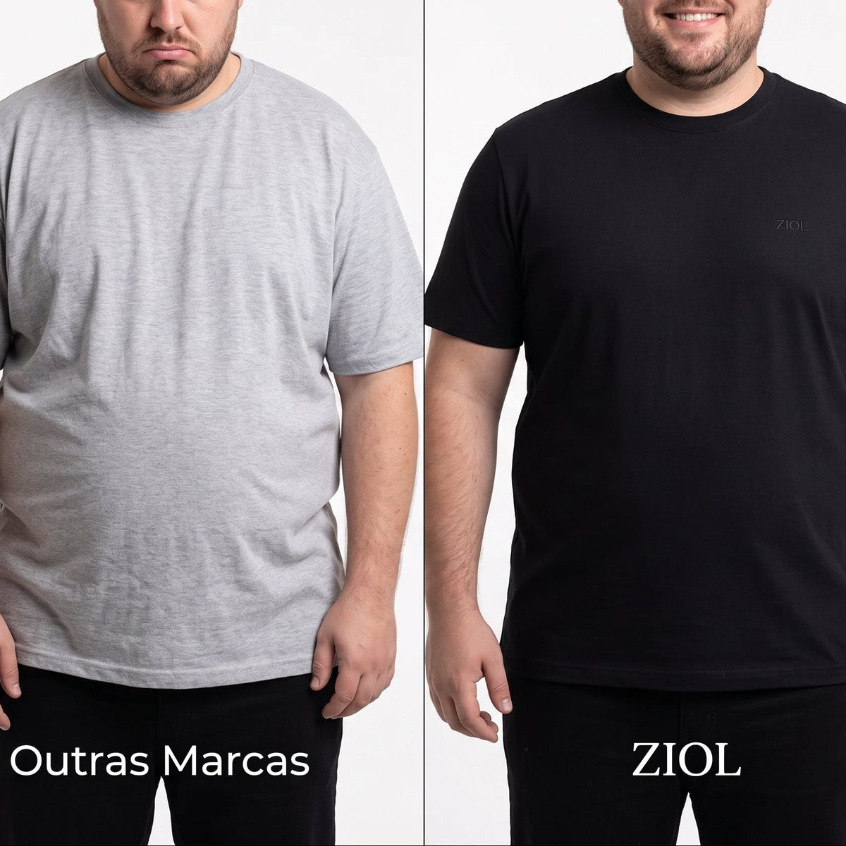 Homem comparando o caimento de camisetas básicas em tamanhos diferentes
